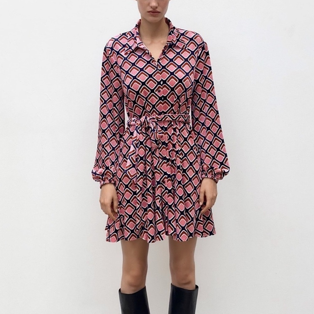 ZARA Pink Velvet Button-Down Long Sleeve Dress